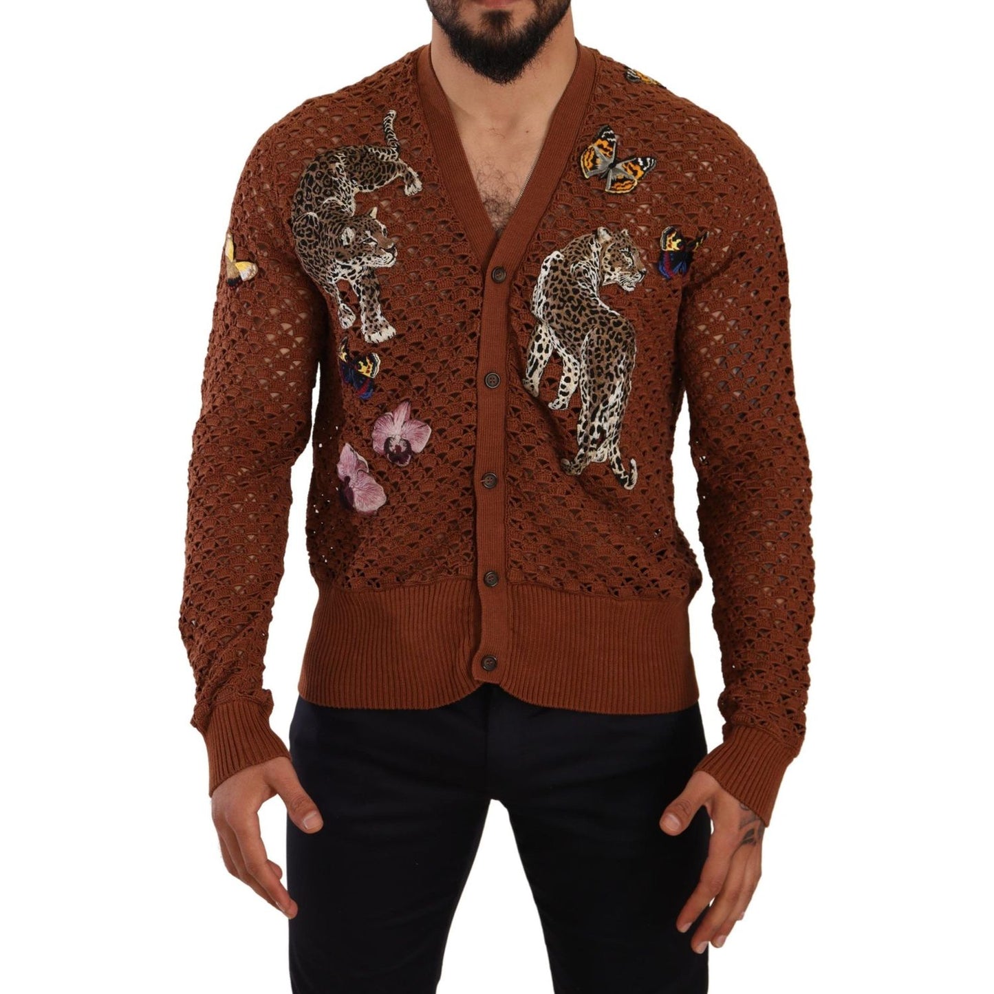 Dolce & Gabbana | Brown Leopard Butterfly Cardigan Sweater MAN SWEATERS | McRichard Designer Brands