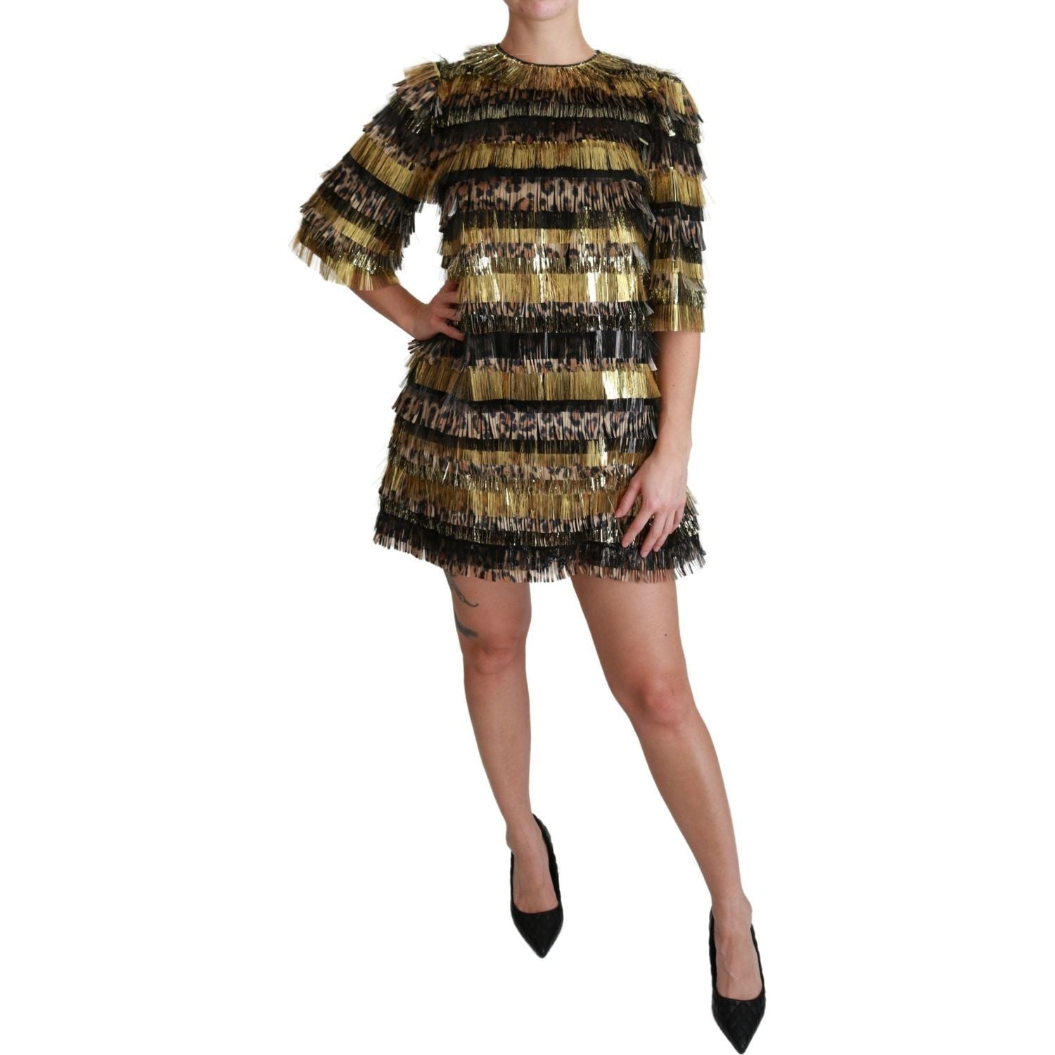 Dolce & Gabbana | Polyester Black Gold Leopard Shift Mini Dress | McRichard Designer Brands