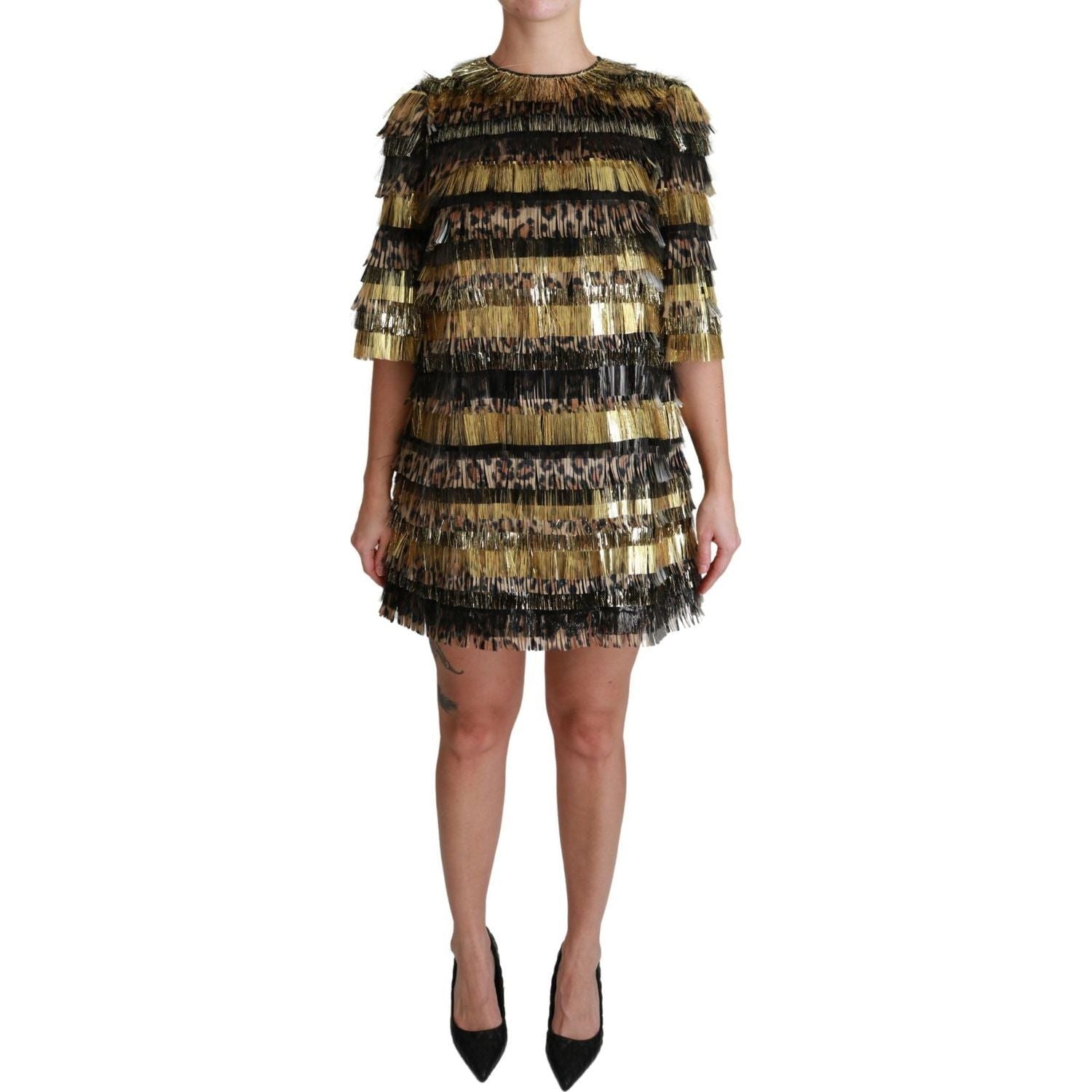 Dolce & Gabbana | Polyester Black Gold Leopard Shift Mini Dress | McRichard Designer Brands