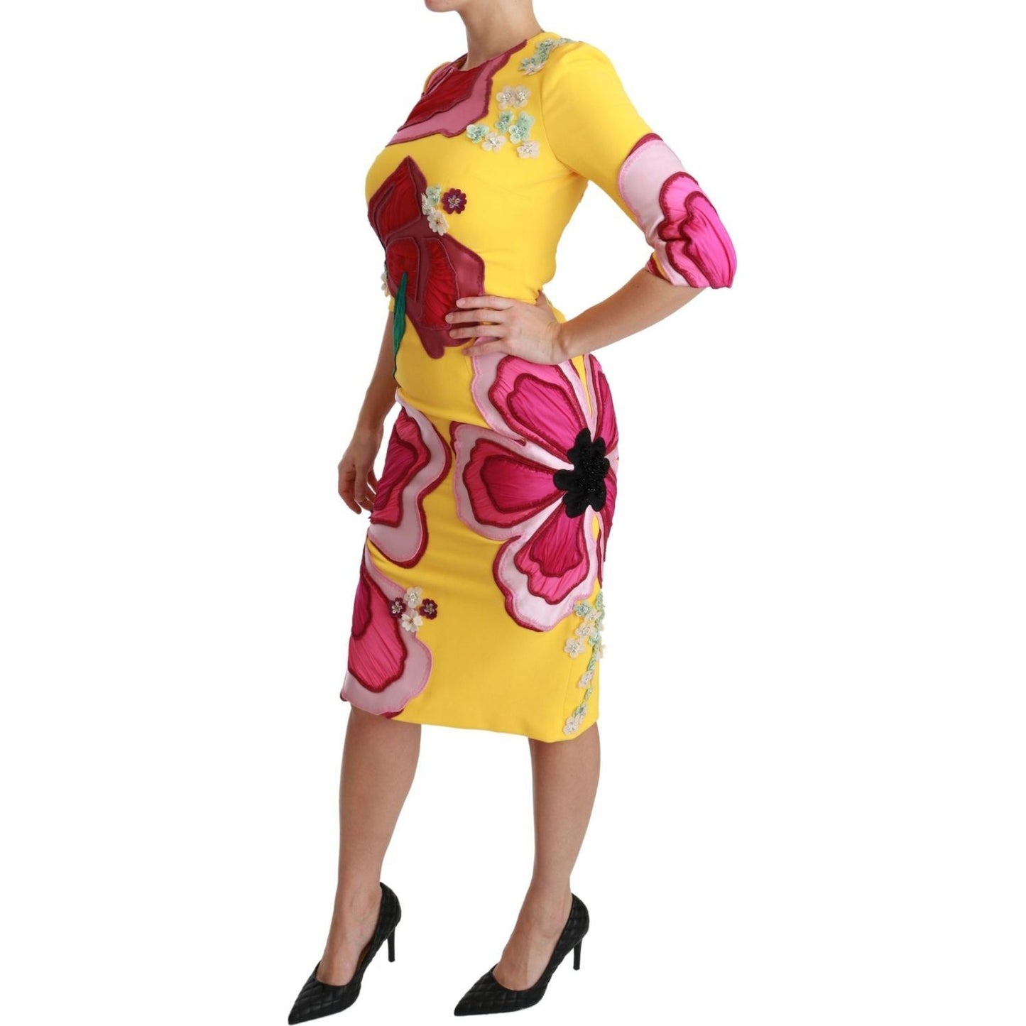 Dolce & Gabbana | Yellow Floral Crystal Bodycon Sheath Dress | McRichard Designer Brands