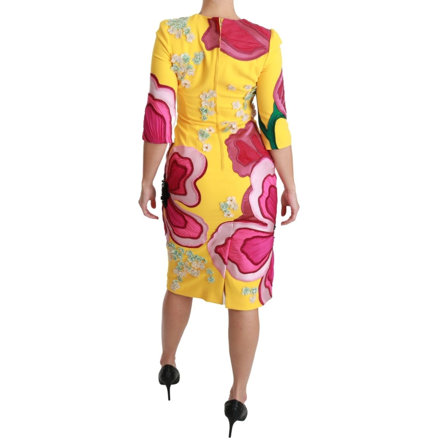 Dolce & Gabbana | Yellow Floral Crystal Bodycon Sheath Dress | McRichard Designer Brands