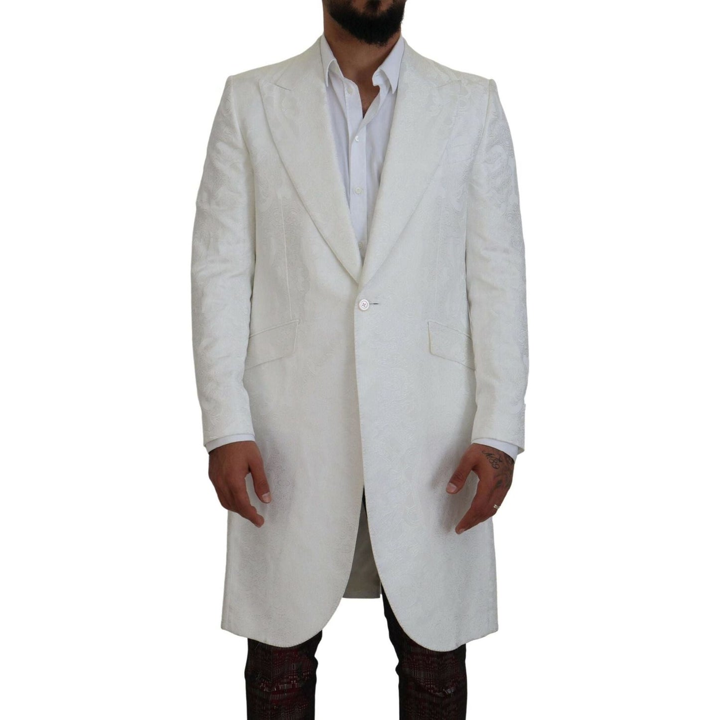 Dolce & Gabbana | White Floral Brocade Trench Coat Jacket - McRichard Designer Brands