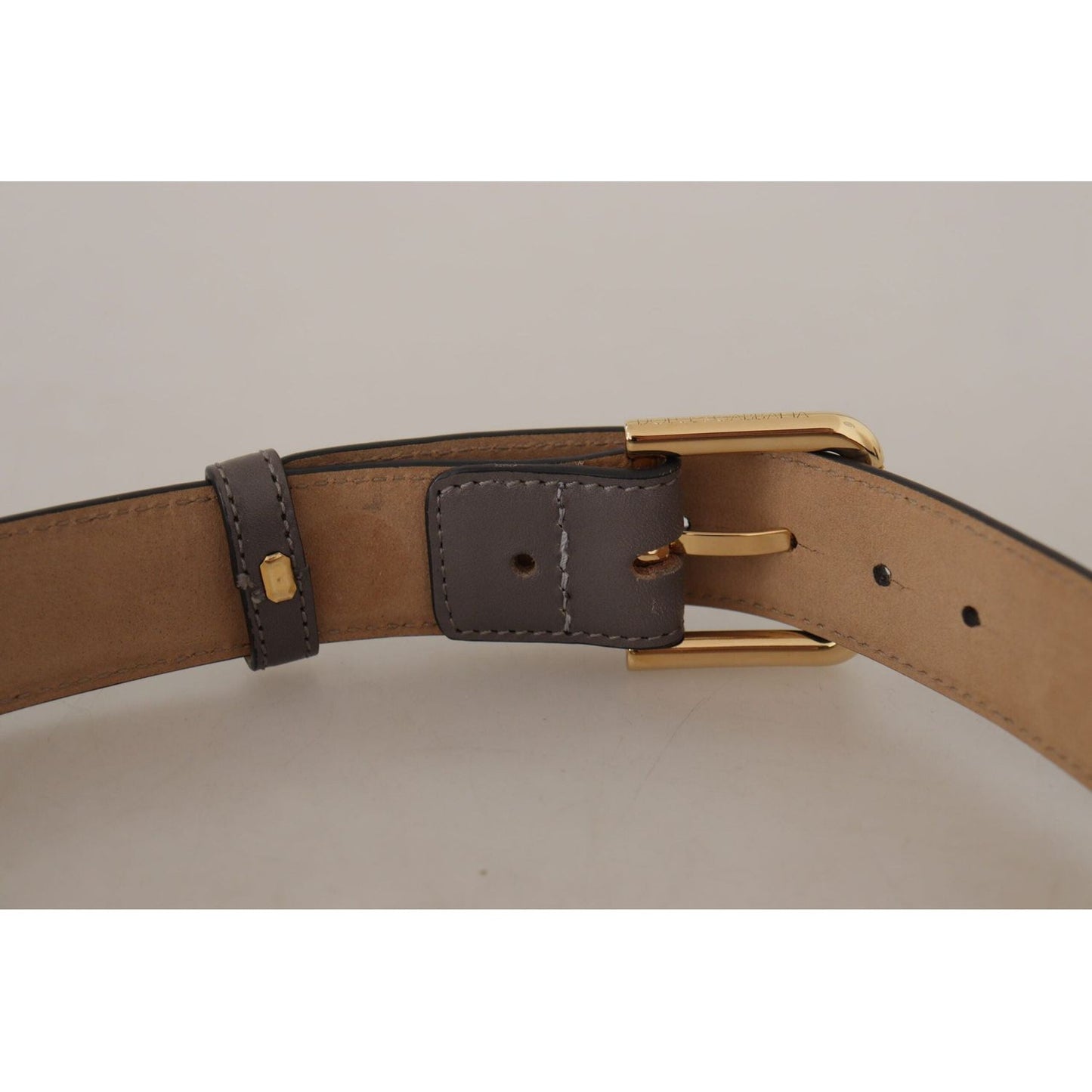 Dolce & Gabbana | Gray Calfskin Leather Gold Metal Logo Buckle Belt - McRichard Designer Brands