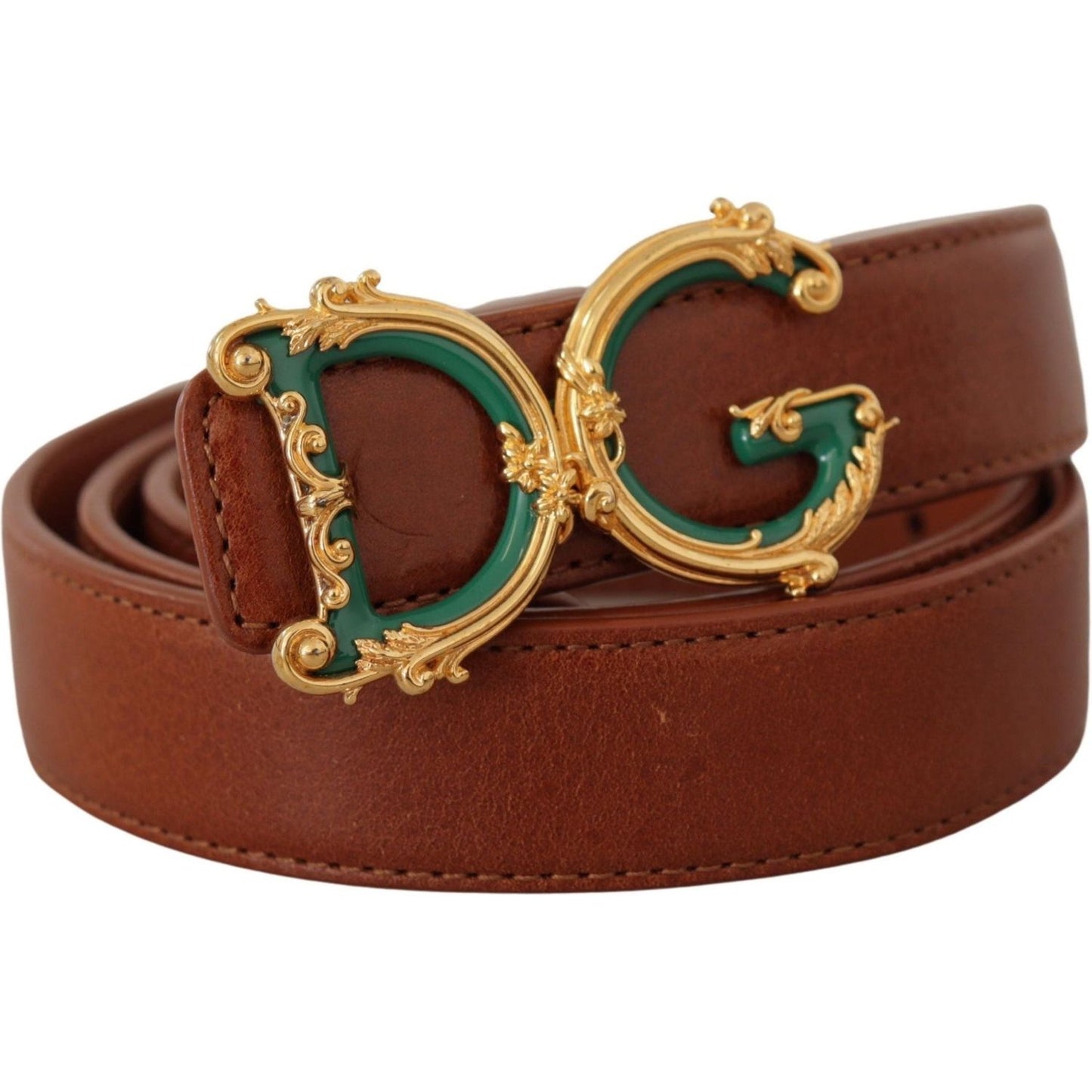 Dolce & Gabbana | Brown Leather Baroque Gold DG Logo Waist Buckle Belt - McRichard Designer Brands