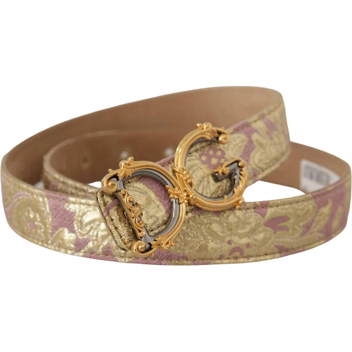 Dolce & Gabbana | Rose Pink Jacquard DG Logo Gold Metal Buckle Belt - McRichard Designer Brands