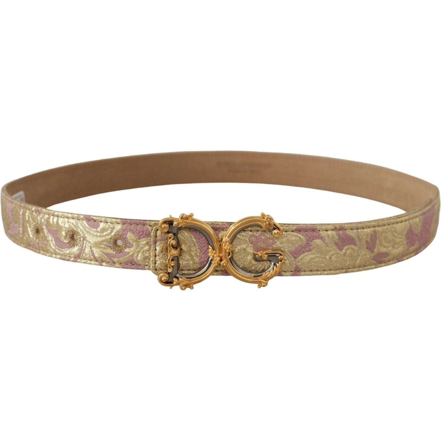 Dolce & Gabbana | Rose Pink Jacquard DG Logo Gold Metal Buckle Belt - McRichard Designer Brands