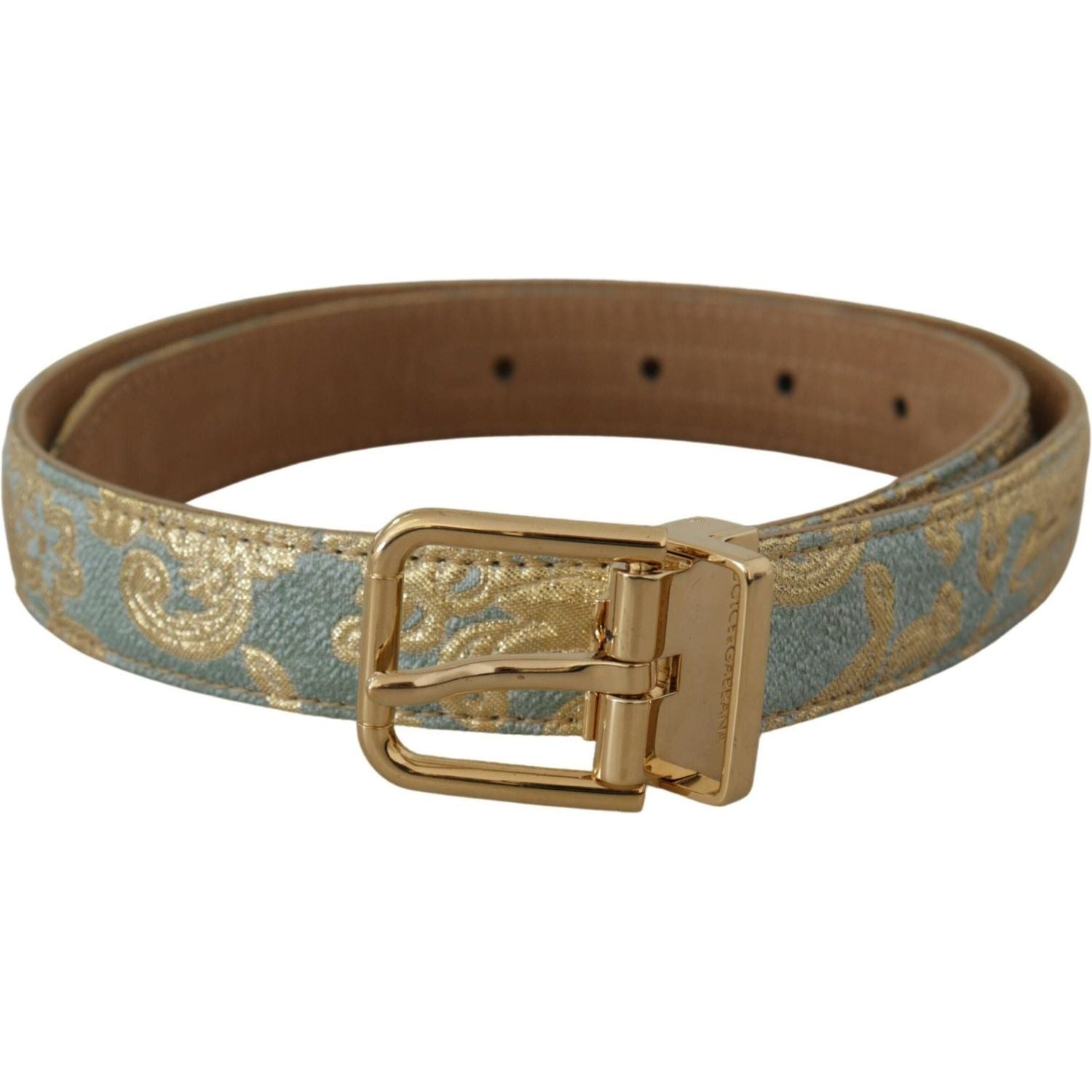 Dolce & Gabbana | Blue Leather Jacquard Embossed Gold Metal Buckle Belt - McRichard Designer Brands