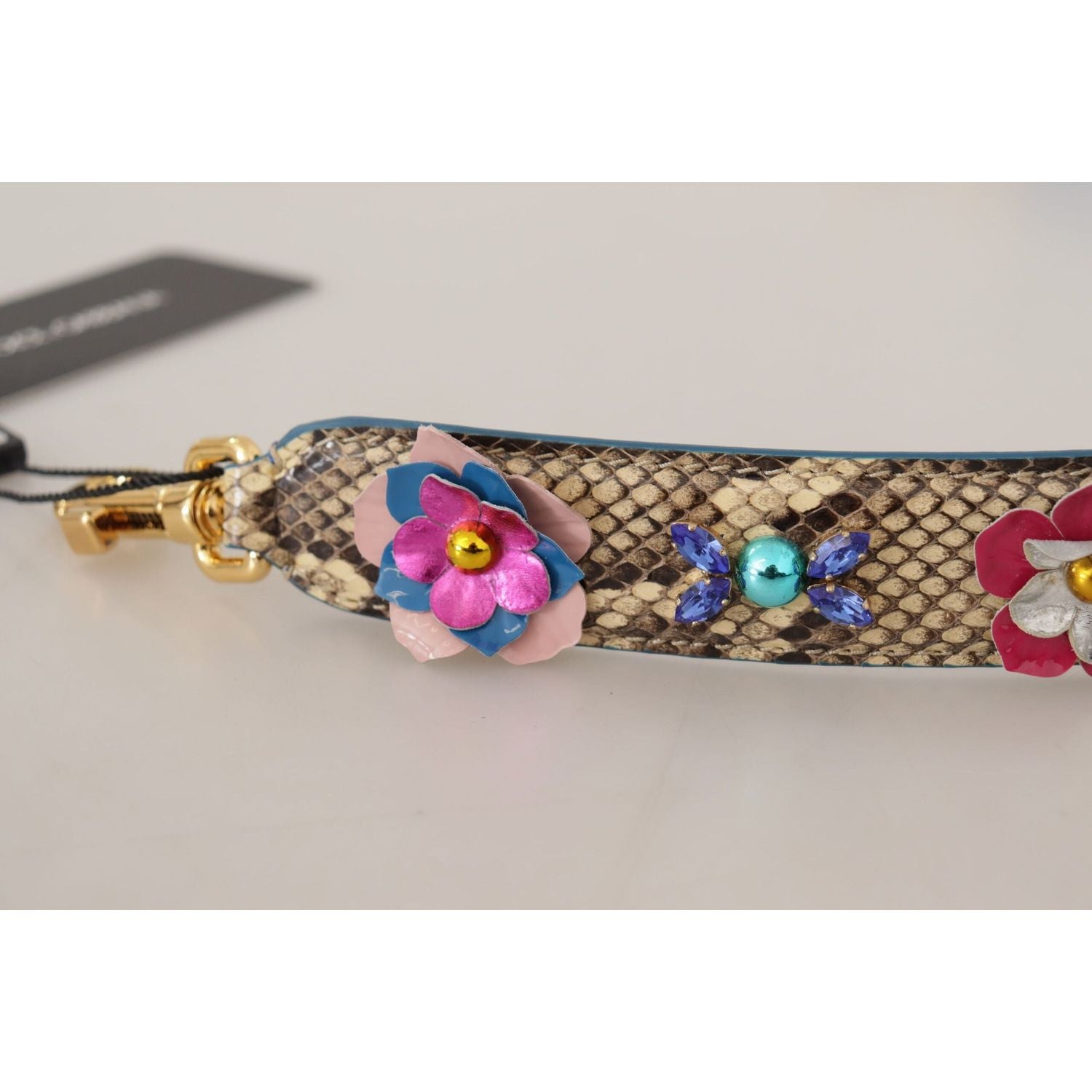Dolce & Gabbana | Beige Python Leather Floral Studded Shoulder Strap - McRichard Designer Brands