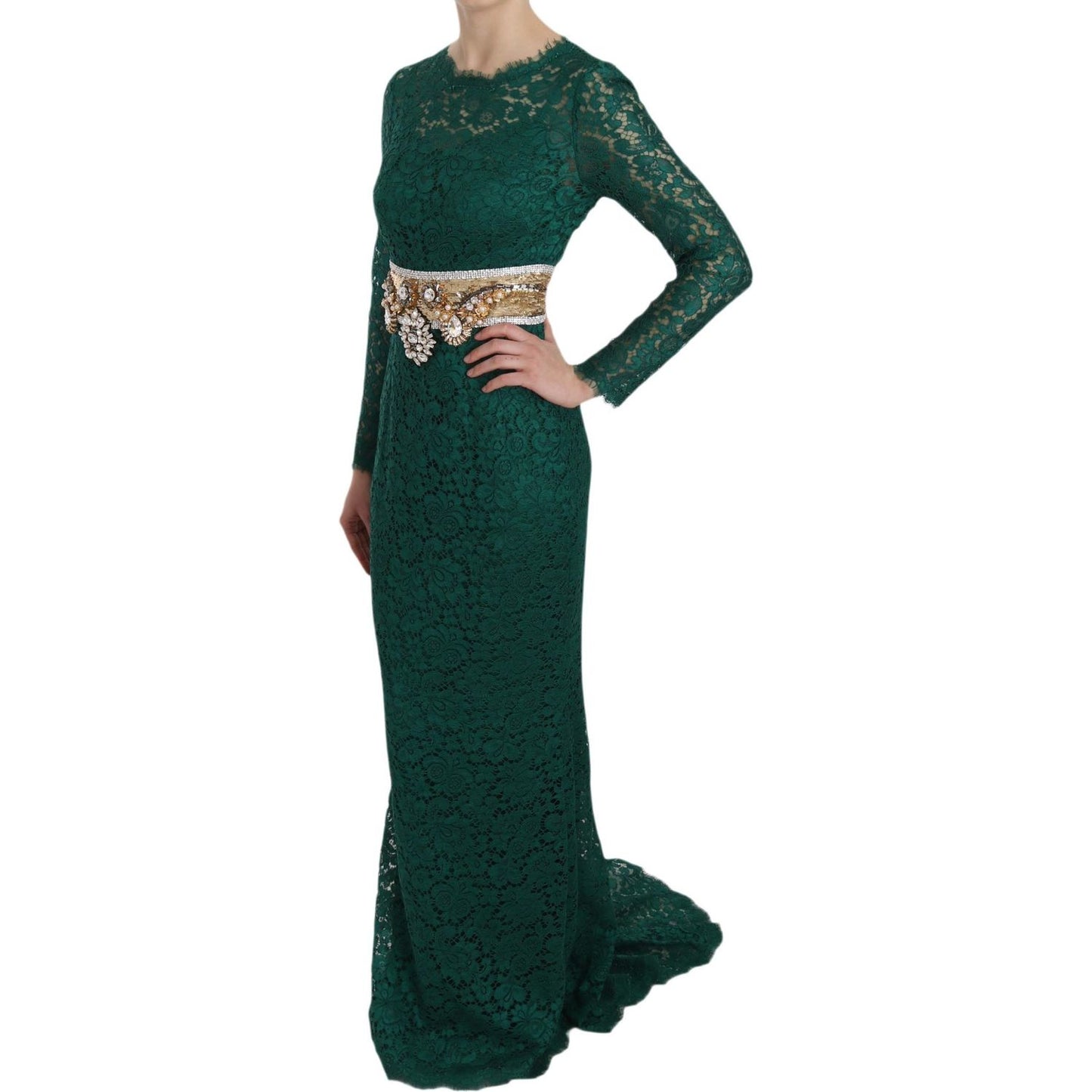 Dolce & Gabbana | Crystal Gold Belt Lace Sheath Gown Dress | McRichard Designer Brands