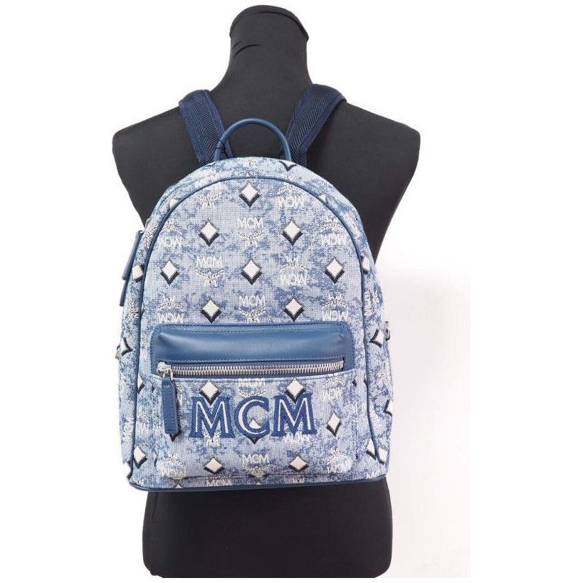 MCM | Stark Small Blue Vintage Jacquard Monogram Logo Fabric Backpack Bookbag WOMAN BACKPACKS | McRichard Designer Brands