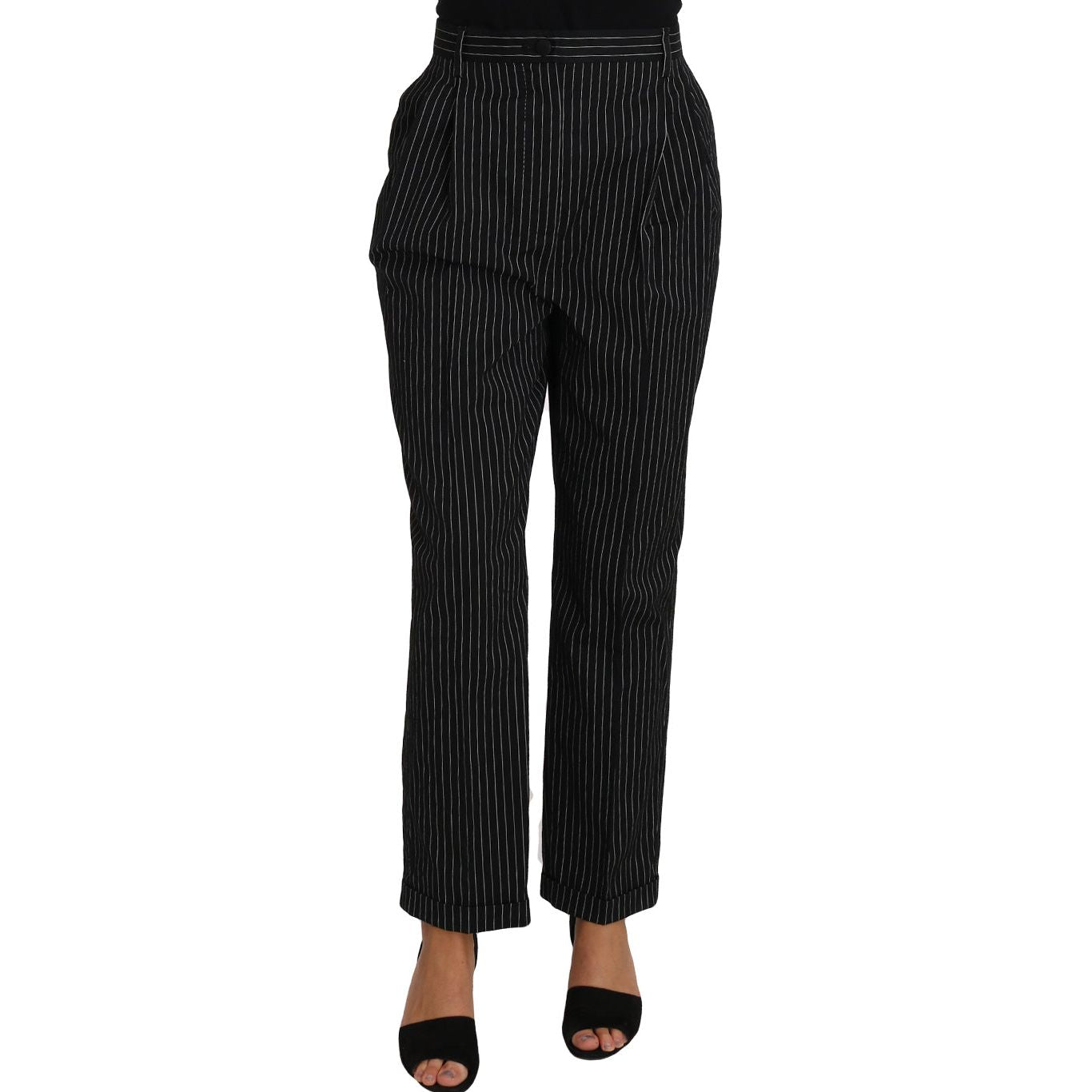 Dolce & Gabbana | Black Pin Striped Dress Pants Cropped Straight Pant | McRichard Designer Brands