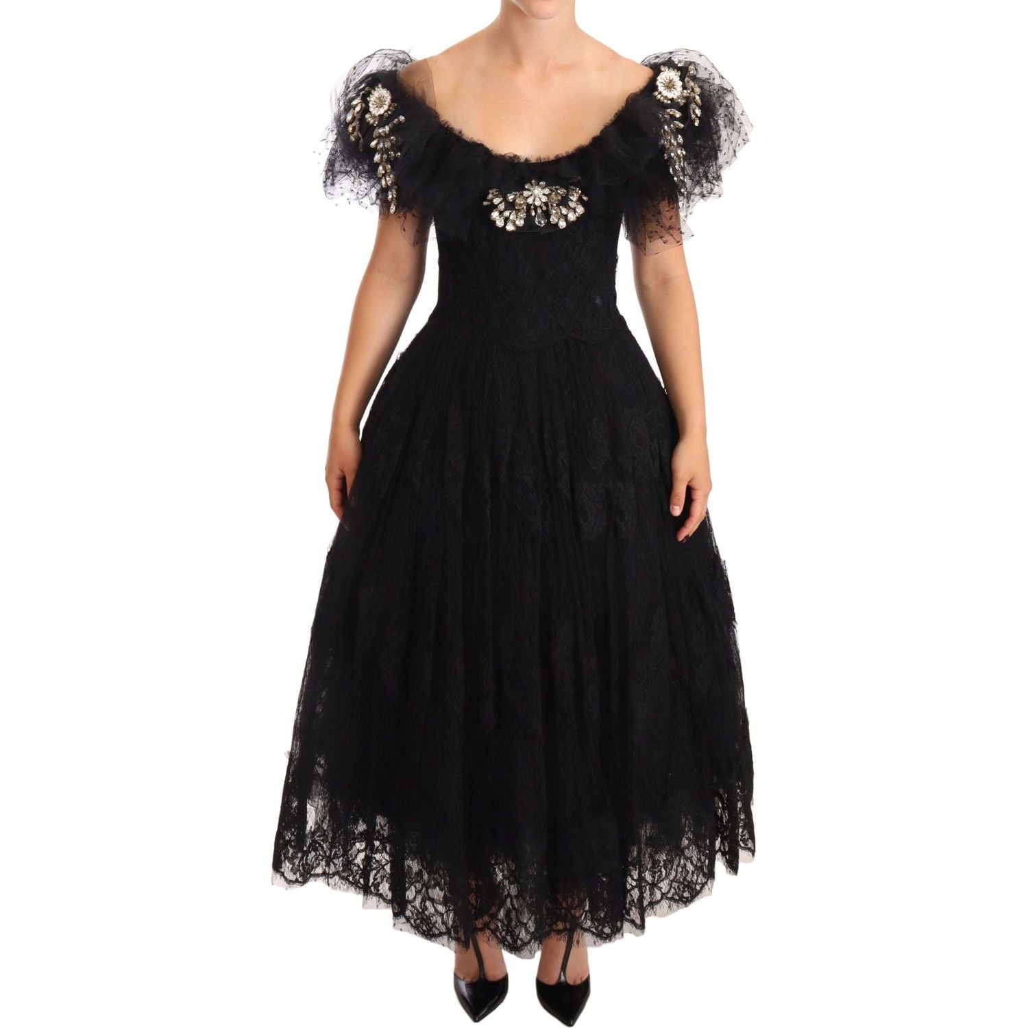 Dolce & Gabbana | Black Floral Lace Crystal Ball Gown Dress WOMAN DRESSES | McRichard Designer Brands