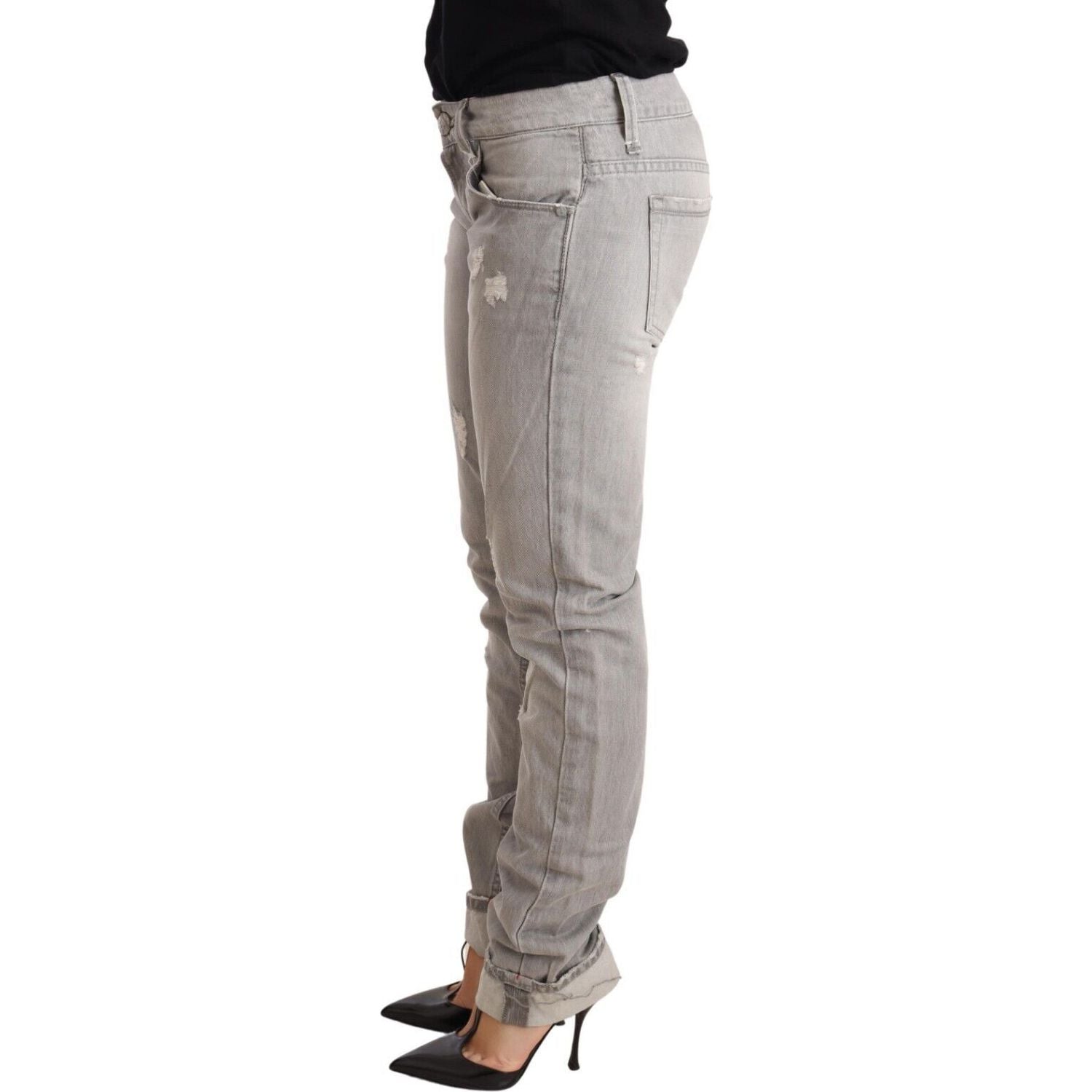 Acht | Gray Tattered Cotton Slim Fit Folded Hem Women Denim Jeans Jeans & Pants | McRichard Designer Brands
