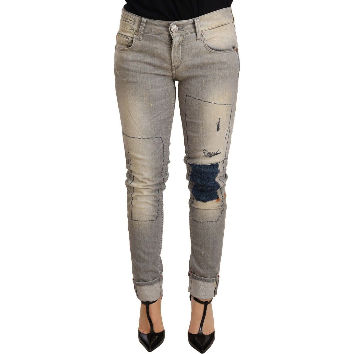 Acht | Gray Cotton Slim Fit Folded Hem Women Denim Pant Jeans & Pants | McRichard Designer Brands