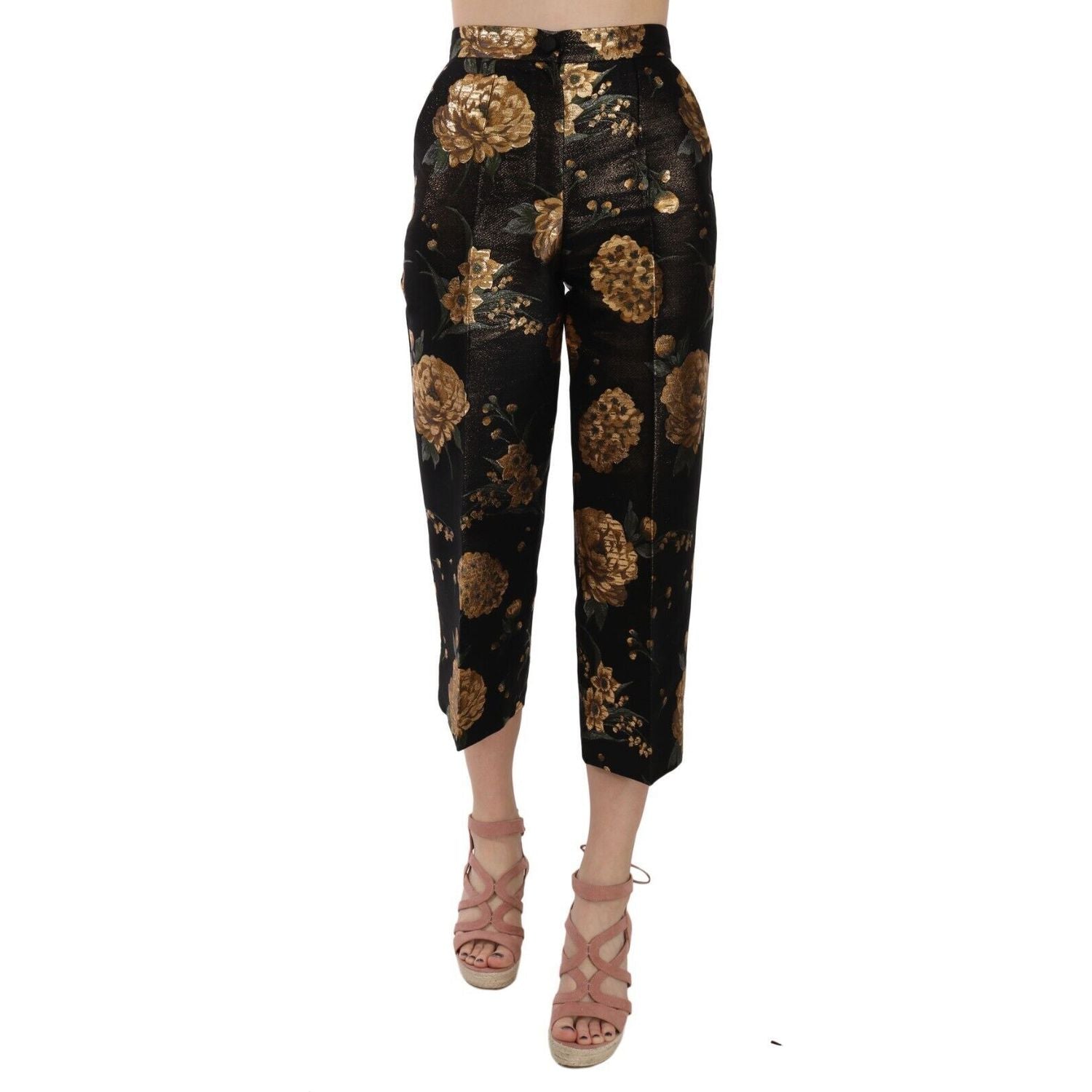 Dolce & Gabbana | Black Gold Floral Jacquard Cropped Pants Jeans & Pants | McRichard Designer Brands